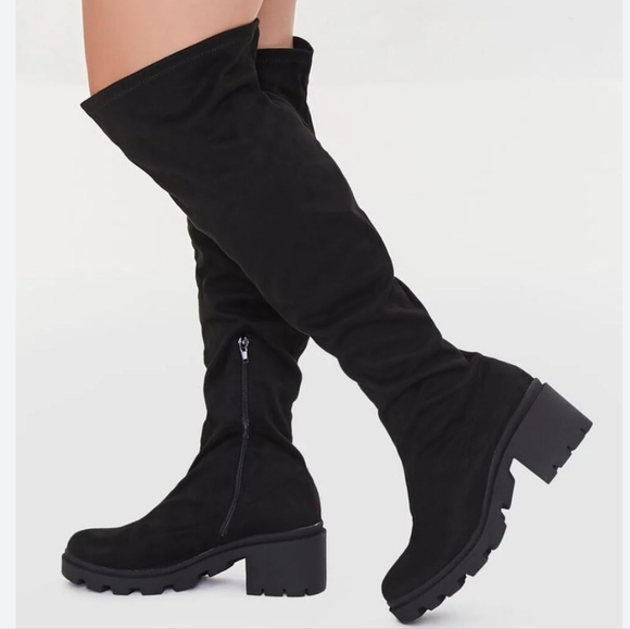 New Rouje Black Suede Knee High Chunky Heel Moto Grunge Pull Up Zip Boot 7 1/2 - Picture 1 of 12